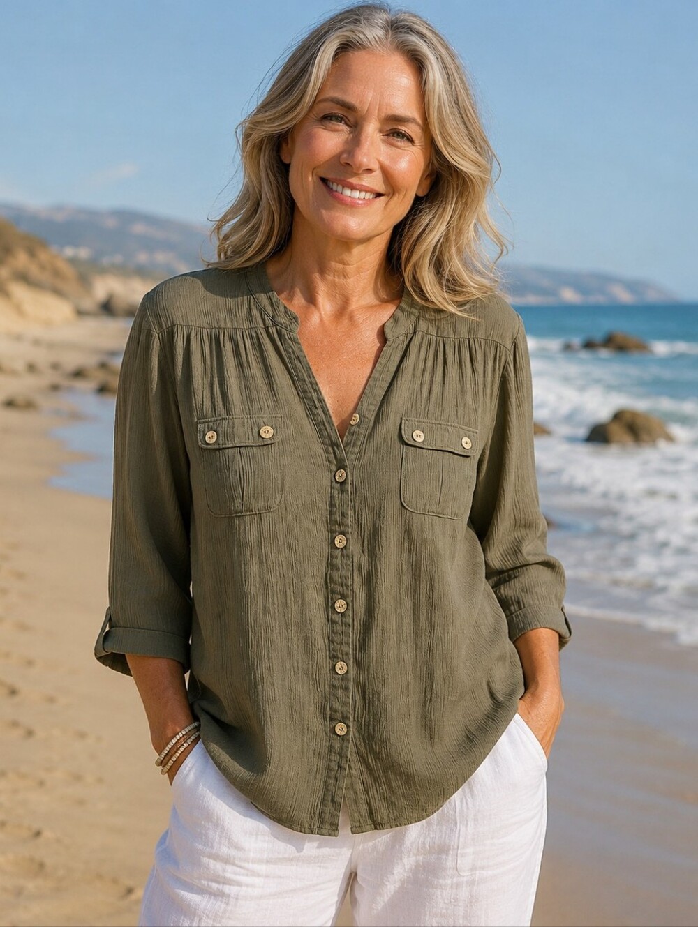 Sag Harbor Womens Olive Army Green 3/4 Sleeve buttoned down blouse w/ pockets XL
